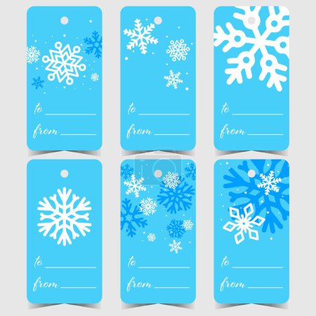 Illustration for Christmas tags or labels for presents with white and blue snowflakes. Vector design of Christmas stickers, tickets and marks with a hole to tie or hang it on the gift boxes during winter holidays. - Royalty Free Image