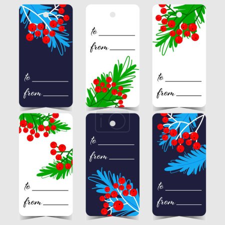 Photo for Tag Christmas presents and gift boxes by tying and hanging the nominative labels with a hole. Vector design of Christmas stickers and marks decorated with Christmas tree branches and crimson berries. - Royalty Free Image