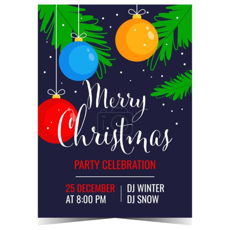 Photo for Christmas party poster with decoration elements as Christmas balls and Christmas tree branches on the background. Christmas party invitation banner, leaflet or flyer to celebrate winter holidays. - Royalty Free Image