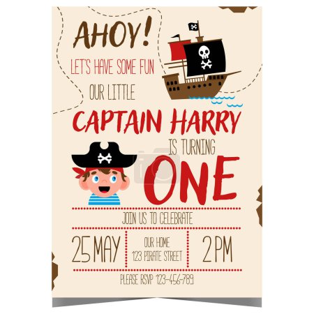 Photo for Pirate birthday party invitation for kids in cartoon style. Pirate party poster or flyer with flag with skull and crossbones on the pirate ship and character captain inviting to a sea adventure. - Royalty Free Image