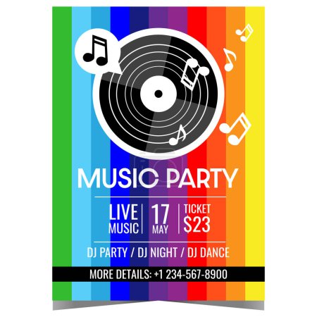 Photo for Music party poster with bright colourful stripes, musical notes and vinyl record on the background. Musical concert or feast invitation banner, leaflet or flyer in retro style. Vector illustration. - Royalty Free Image