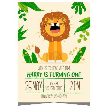 Photo for Children's birthday safari party invitation card with a cartoon lion. Kids' party poster, banner or flyer to invite boys and girls to celebrate the birthday in a cheerful Roar! atmosphere. - Royalty Free Image