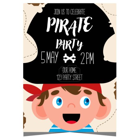 Photo for Pirate party invitation card for kids birthday celebration. Children's birthday poster or banner design template with cartoon character boy wearing pirate hat and inviting to sea adventure. - Royalty Free Image