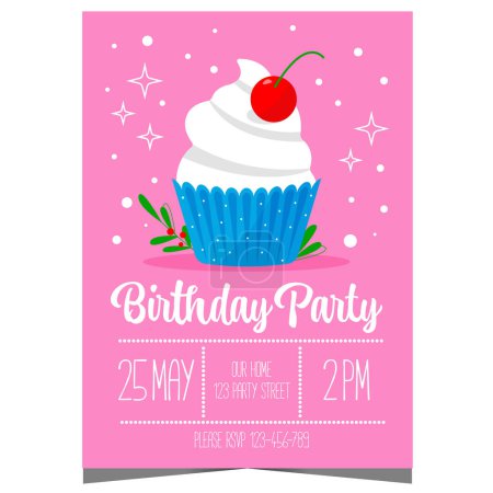 Photo for Kids birthday party invitation card with cream cupcake and cherry on a pink background. Children's birthday poster or banner design template to celebrate the anniversary with friends, boys and girls. - Royalty Free Image