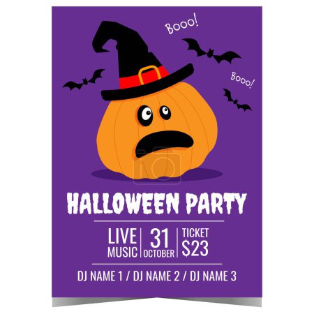 Photo for Halloween party invitation with scared pumpkin in witch hat and black bats on blue background. Vector Halloween celebration poster, banner or flyer to invite friends for entertainment event. - Royalty Free Image