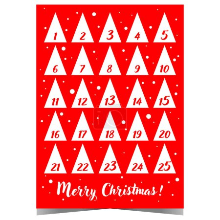 Photo for Advent calendar to countdown the days until Christmas Eve. White triangles with dates that resemble Christmas trees on red background. Festive banner to celebrate surprise during winter holidays. - Royalty Free Image