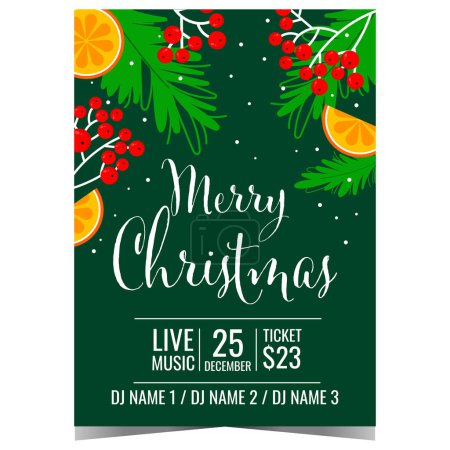 Illustration for Party invitation to celebrate Christmas in festive and cheerful ambiance. Merry Christmas event invite, promo poster or banner with winter holidays decorations. Vector illustration in flat style. - Royalty Free Image
