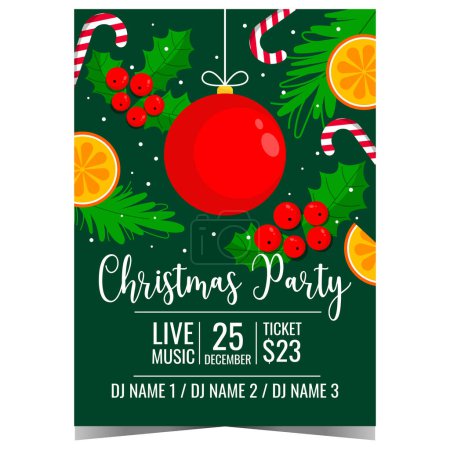 Photo for Christmas party invitation with holidays decorations as red Christmas ball, holly berries and traditional candy canes. Invite, poster or banner to celebrate Christmas in happy and cheerful atmosphere. - Royalty Free Image