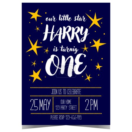Photo for Invitation card for children's birthday party with bright yellow stars on a blue background to celebrate the anniversary with boys and girls in festive and cheerful ambiance. - Royalty Free Image