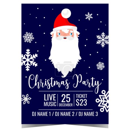 Photo for Christmas party invitation poster or banner with funny cartoon Santa Claus and snowflakes on blue background. Invite to celebrate Christmas Eve and winter holidays in festive and cheerful ambiance. - Royalty Free Image