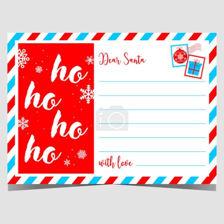Photo for Christmas letter, wish list or postcard for Santa Claus in classical airmail envelope style and lettering Ho-Ho-Ho on red background. Empty template to fill out with a text and send it to Santa. - Royalty Free Image