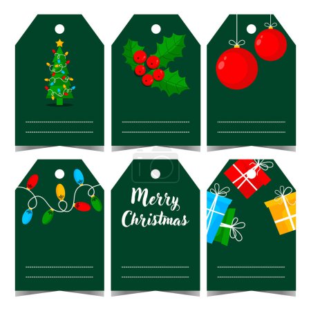 Illustration for Tag, label or tab for Christmas gift box to tie it up and leave a greeting message or sign the present. Set of blank Christmas badges with traditional holiday elements and decorations. - Royalty Free Image
