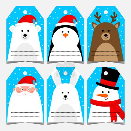 Photo for Christmas label or tag with cartoon winter and holiday associated characters as polar bear, penguin, deer, Santa Claus, rabbit and snowman, to write a greeting or to sign and tie it to the gift box. - Royalty Free Image