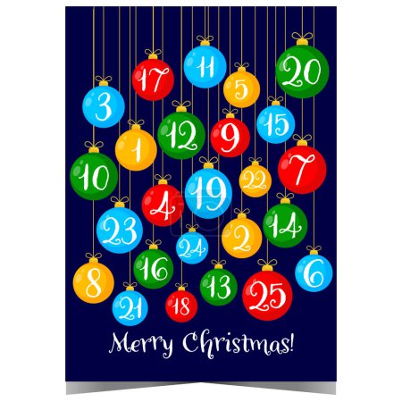 Photo for Advent calendar with Christmas balls hanging on a string and inscription Merry Christmas. Vector Christmas advent calendar with traditional holiday decorations with dates from December 1st to 25th. - Royalty Free Image