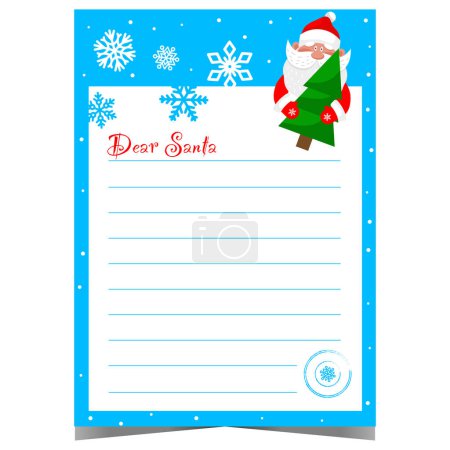 Photo for Christmas letter with funny Santa character holding a Christmas tree, snowflakes in the background and empty lined space to write a message or wish list and send it to the North Pole during holidays. - Royalty Free Image