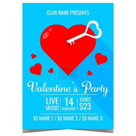 Photo for Valentine's Day party invitation with red heart and perfect key for it. Romantic party banner or poster to celebrate the Feast of Saint Valentine on February 14. Ready to print vector illustration. - Royalty Free Image
