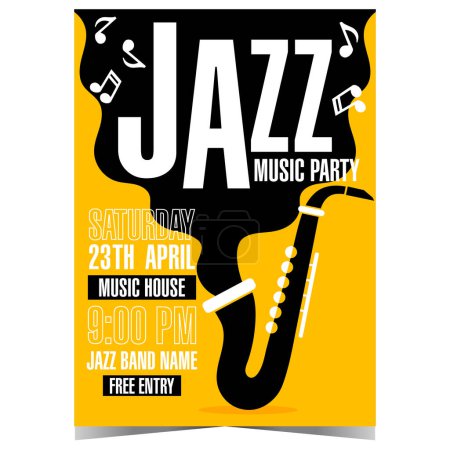 Photo for Jazz music party poster or banner, instrumental concert or music festival invitation with black saxophone on a yellow background and musical notes. Vector illustration for cultural show of jazz music. - Royalty Free Image