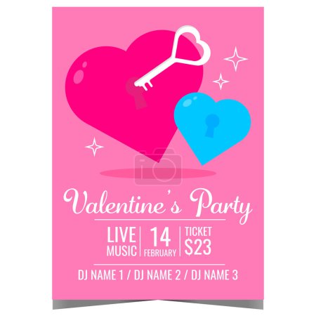 Photo for Valentine's Day romantic party invitation banner or poster with two pink hearts and perfect key for it. Ready to print vector design template for Feast of Saint Valentine. - Royalty Free Image