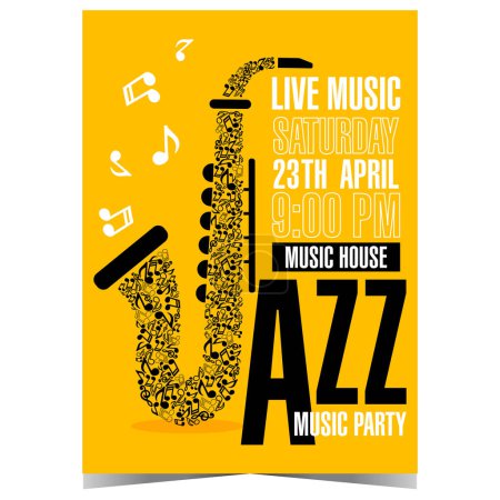 Photo for Jazz music party invitation, concert or festival announcement banner or poster with an elegant saxophone composed of musical notes on a yellow background. Ready to print vertical vector illustration. - Royalty Free Image
