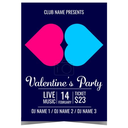 Photo for Valentine's party invitation poster or banner with two hearts that look like kissing lips. Romantic event invite to the disco dance club to celebrate the Feast of Saint Valentine. Vector illustration. - Royalty Free Image