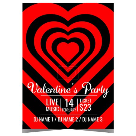 Photo for Valentine's party invite banner or poster with hypnotic abstract red hearts on black background. Invitation to celebrate the Feast of Saint Valentine on February 14 in disco night club. - Royalty Free Image