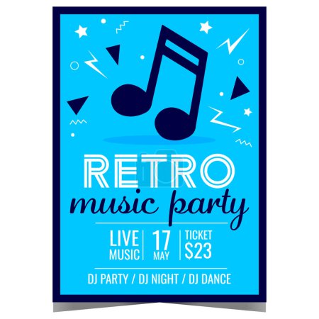Photo for Retro music party invitation poster or banner with dancing music note on the blue background. Vector leaflet or flyer for live music entertainment event  in the nightclub in old vintage style. - Royalty Free Image