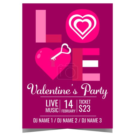 Photo for Valentine's Day party invitation to celebrate the Feast of Saint Valentine in romantic ambiance at disco dance club. Valentine's Day celebration poster or banner with a heart and perfect key for it. - Royalty Free Image