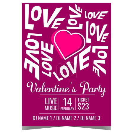 Photo for Valentine's Day party poster with pink heart in the middle surrounded by the word Love. Invitation to celebrate the Feast of Saint Valentine on February 14 in romantic ambiance at disco dance club. - Royalty Free Image