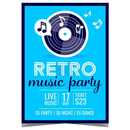 Photo for Retro music party leaflet or flyer with vinyl record and musical notes on the blue background. Invitation poster or banner in the disco dance nightclub for the old music concert, festival or show. - Royalty Free Image