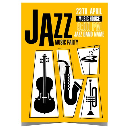 Photo for Jazz music party invitation leaflet or flyer with musical instruments such as saxophone, trumpet, cello and hi-hat on yellow background. Vector poster or banner for jazz music festival or concert. - Royalty Free Image