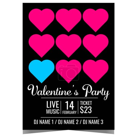 Photo for Valentine's Day party poster with pink hearts in the black background. Vector invitation banner or announcement booklet for entertainment event during Feast of Saint Valentine at a disco dance club. - Royalty Free Image