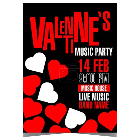 Photo for Valentine's Day music party poster with red and white hearts on a black background. Invitation banner, leaflet or flyer for disco dance show at night club dedicated to Feast of Saint Valentine. - Royalty Free Image