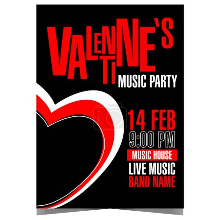 Photo for Valentine's Day music party invitation with a red-white heart in the black background. Design template of banner or poster for celebration of Feast of Saint Valentine at a disco dance club. - Royalty Free Image