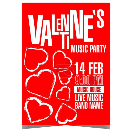 Photo for Valentine's Day music party banner with white hearts on red background. Vector poster, leaflet or flyer for musical show or concert to celebrate Feast of Saint Valentine at disco dance night club. - Royalty Free Image