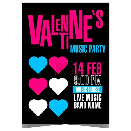 Photo for Valentine's Day music party invite poster or banner with white and pink hearts on black background. Vector leaflet or flyer for live show or romantic concert in honour of Feast of Saint Valentine. - Royalty Free Image