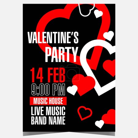 Photo for Valentine's Day romantic party poster with red and white hearts on black background. Vector banner, booklet or flyer for invitation to celebrate the Feast of Saint Valentine at disco dance club. - Royalty Free Image