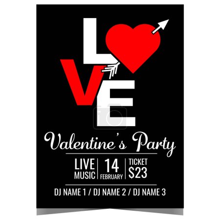 Photo for Valentine's Day invitation card or promo poster with word Love consisting of a red heart pierced by Cupid's arrow. Vector banner or booklet for celebration of romantic Feast of Saint Valentine. - Royalty Free Image