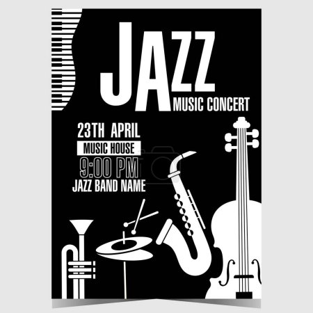 Photo for Jazz music concert poster or banner with musical instruments such as saxophone, trumpet, cello, hi-hat and piano keys in black and white. Invitation for jazz festival or live instrumental music show. - Royalty Free Image