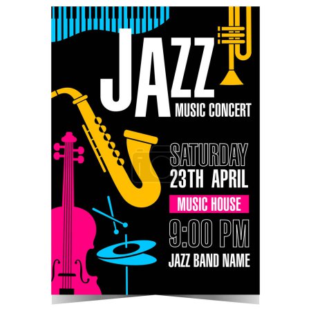 Photo for Jazz music concert invitation template with saxophone and other musical instruments on a black background. Vector banner, poster, leaflet or flyer for live event, cultural show or music festival. - Royalty Free Image