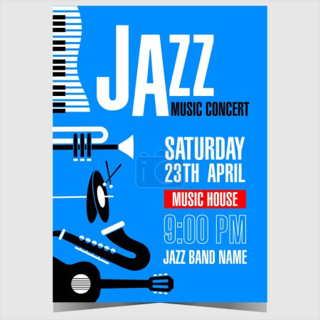 Photo for Jazz music concert invitation template with saxophone and other musical instruments on a blue background with white lettering. Vector poster, flyer or banner for festival, cultural or social event. - Royalty Free Image