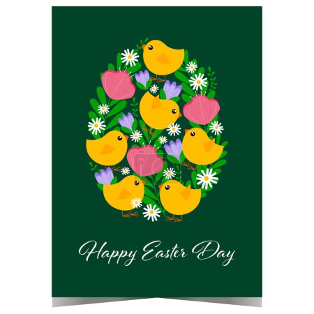 Photo for Happy Easter Day greeting card with springtime elements such as birds, flowers and greenery shaped like an egg. Vector banner, poster or ready to print postcard for christian holiday congratulation. - Royalty Free Image