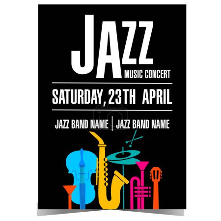 Photo for Jazz music concert banner template with colourful musical instruments on black background: saxophone, violoncello, guitar, trumpet and hi-hat. Leaflet or flyer for music festival or cultural show. - Royalty Free Image