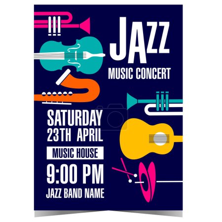 Photo for Jazz music concert template with colourful musical instruments on black background, such as saxophone, trumpet, guitar, cello and hi-hat. Suitable for poster, invitation, flyer or banner design. - Royalty Free Image