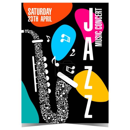 Invitation au concert de jazz avec un saxophone composé de notes musicales, de formes arbitraires colorées sur fond noir. Modèle vectoriel pour festival de musique ou affiche ou bannière de session instrumentale.