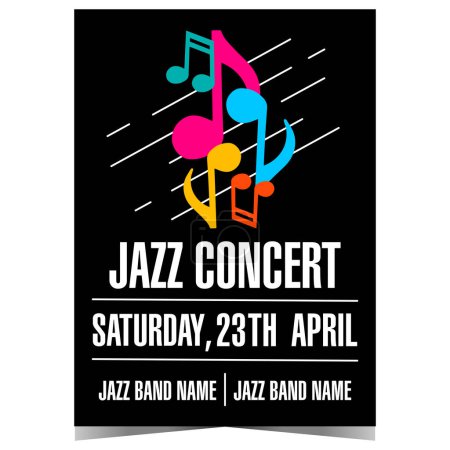 Photo for Jazz music concert poster template with colourful musical notes on black background. Vector design of banner, leaflet or flyer suitable for Jazz Festival, live entertainment event or cultural show. - Royalty Free Image