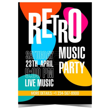 Einladungsschablone für Retro-Musik mit farbenfrohen, beliebigen Formen auf schwarzem Hintergrund. Vektor-Poster oder Banner für eine alte Musikparty, Live-Unterhaltungsshow in einem Disco-Nachtclub.