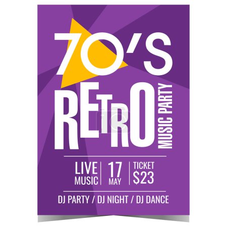 Photo for 70s retro music party invitation poster or banner. Vector design template for old vintage entertainment event with hits from the seventies at disco dance night club with live DJ set. - Royalty Free Image