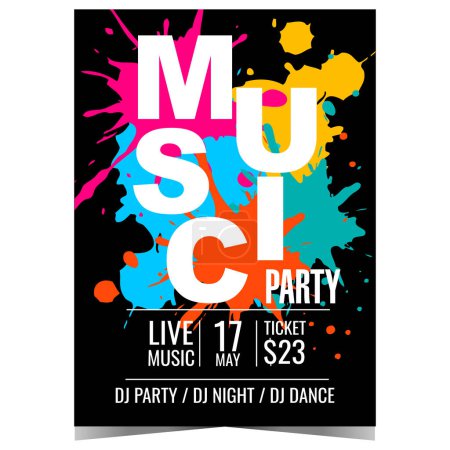 Photo for Music party invitation poster or banner with colourful blots, dots and splashes on black background. Vector design for disco dance event at night club with live DJ set and entertainment show. - Royalty Free Image