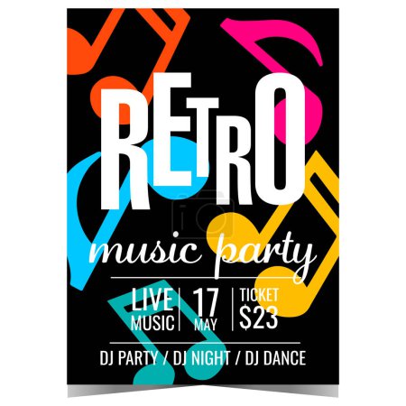 Photo for Retro music party banner or poster with colourful musical notes on a black background. Vector design template suitable for vintage music festival, live open-air DJ set or disco dance show. - Royalty Free Image