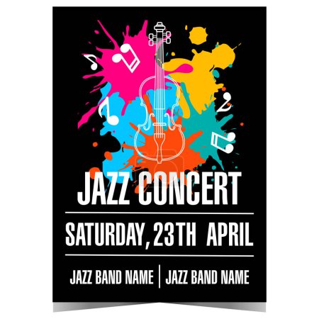 Photo for Jazz concert or festival invitation template with elegant violoncello and musical notes on colourful blots, dots and splashes background. Vector handout, cover, banner, poster, leaflet or flyer. - Royalty Free Image